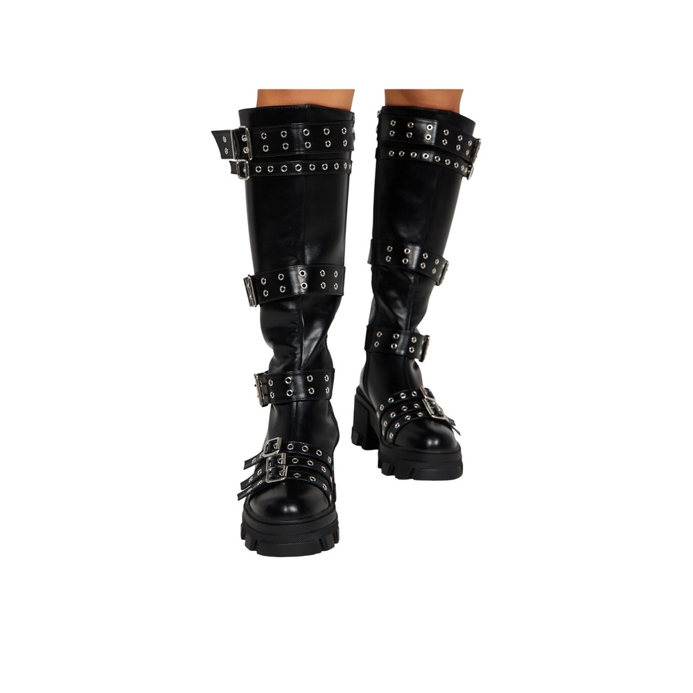 Fashion Nova No Small Talk Boots Womens 7 Black Buckle Multi Strap Platform Lug